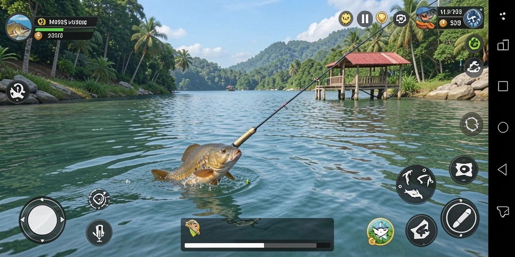 Screenshot gameplay <strong>8II</strong> menunjukkan momen menangkap ikan yang mendebarkan.