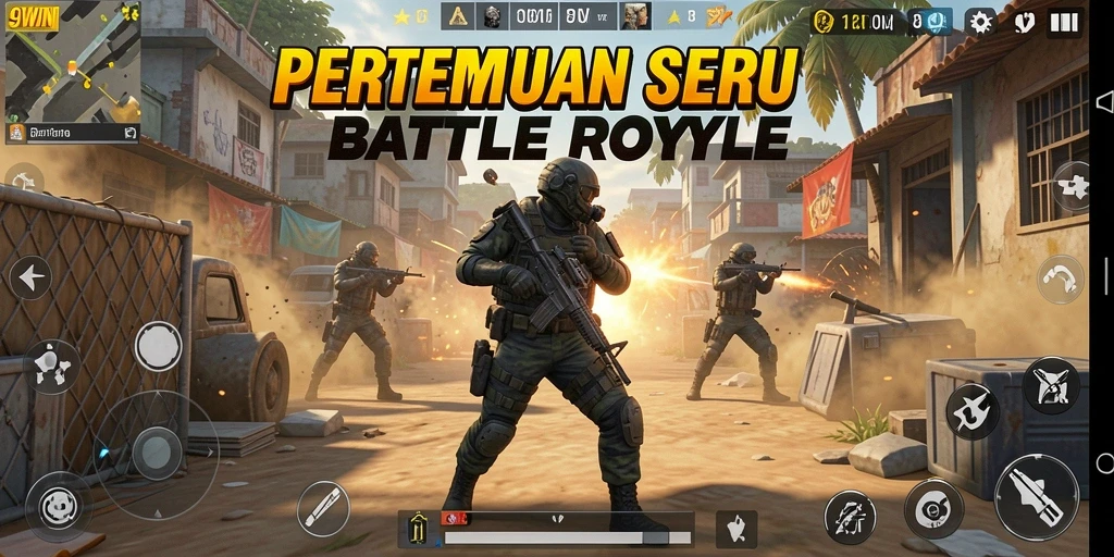 Screenshot gameplay 9WIN menampilkan pertempuran seru dalam arena Battle Royale.