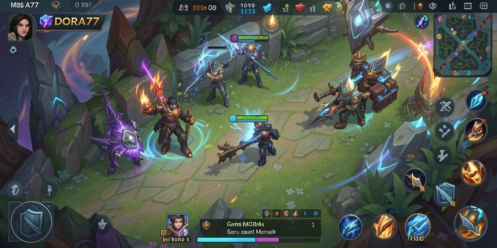 Tampilan gameplay menarik DORA77 dengan aksi MOBA yang seru.