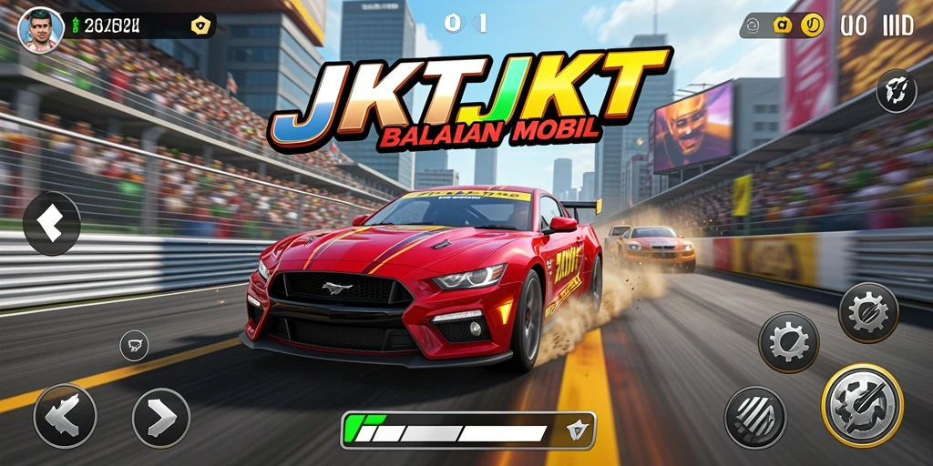 Tangkapan layar gameplay JKTJKT menampilkan mobil balap dengan latar belakang trek yang menegangkan.