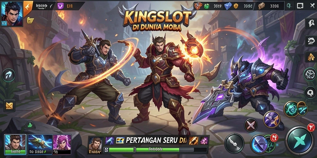 Screenshot gameplay KINGSLOT menunjukkan aksi pertarungan MOBA yang seru.