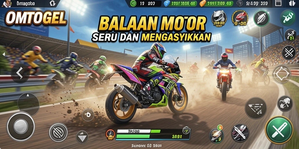 Gameplay seru OMTOGEL dengan balapan motor yang mendebarkan.