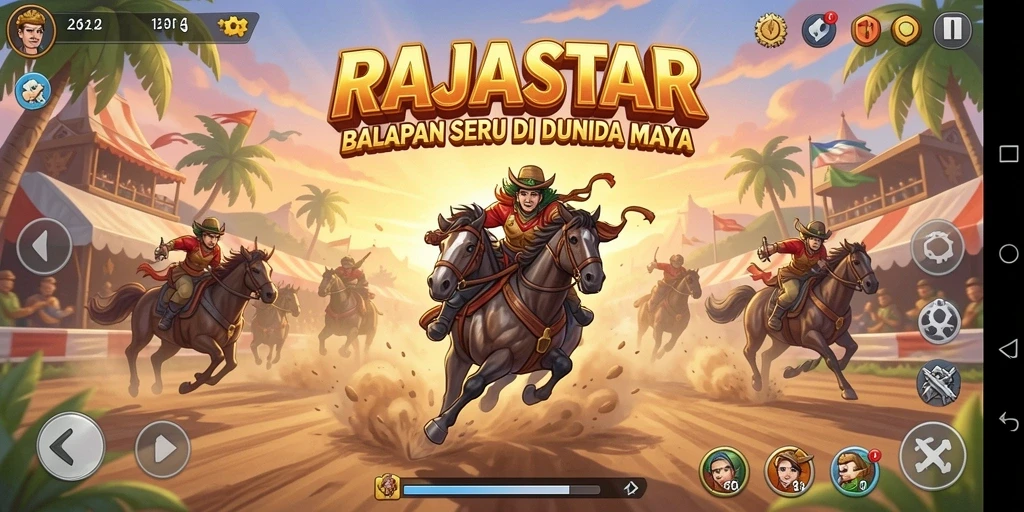 Screenshot gameplay RAJASTAR menunjukkan balapan dengan mobil yang cepat dan trek yang menantang.