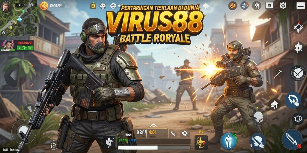 Tampilan seru gameplay VIRUS88 dengan pertempuran Battle Royale yang mendebarkan.